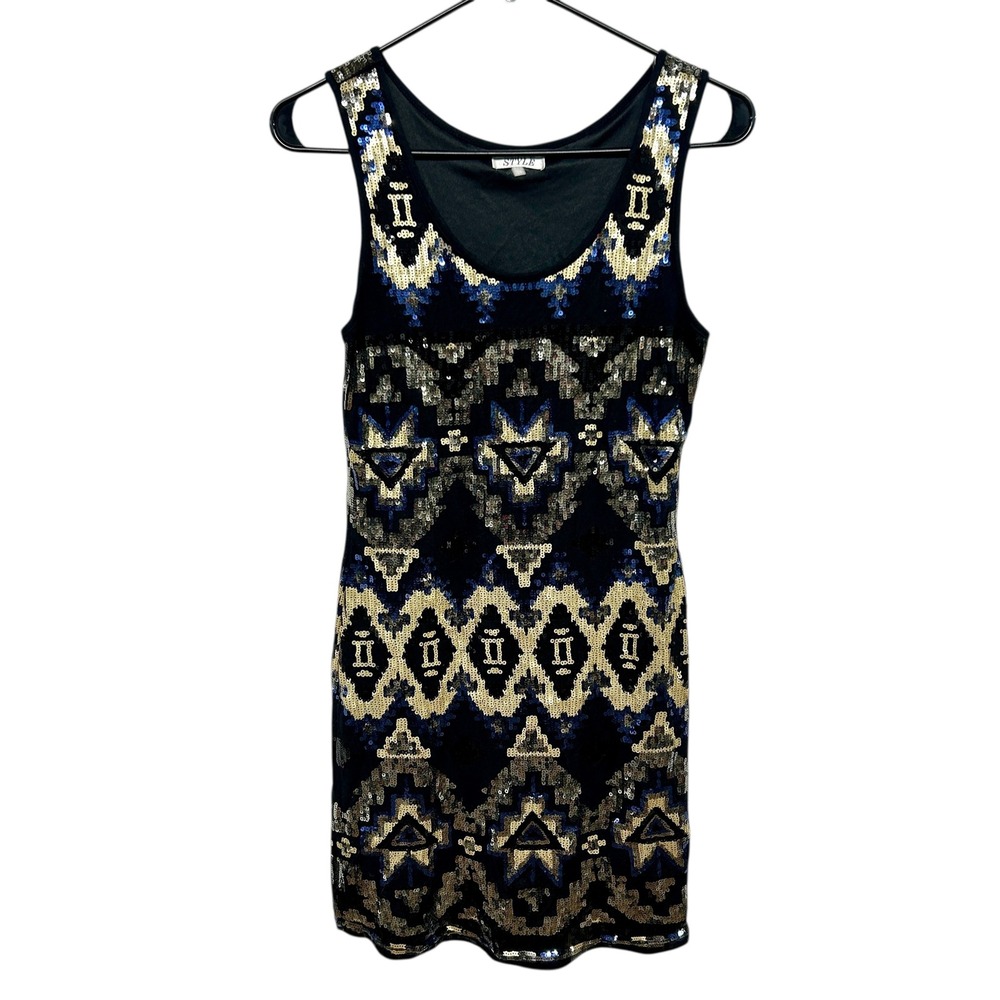 Y2K Sequin Aztek Bodycon Dress Black Gold Blue Sleeveless‎ Glam Party Night Out
